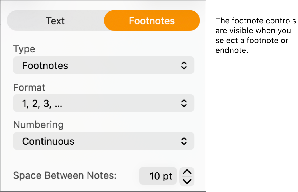 The Footnotes pane showing pop-up menus for Type, Format, Numbering, and space between notes.
