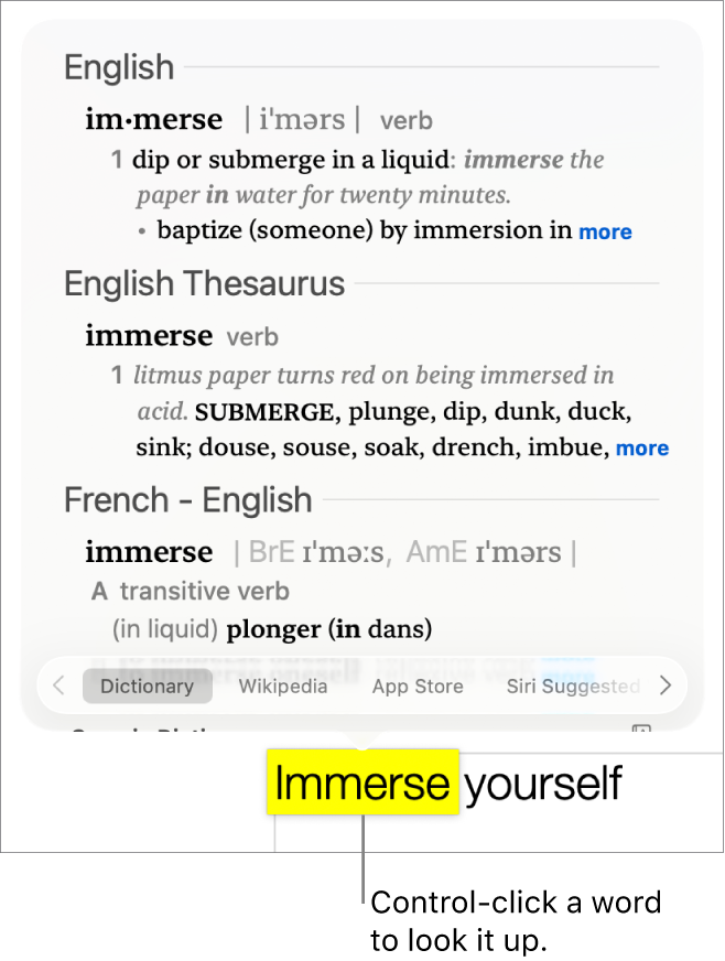 A paragraph with a word highlighted and a window showing its definition and a thesaurus entry. Buttons at the bottom of the window provide links to the dictionary, Wikipedia, and Siri suggested websites.