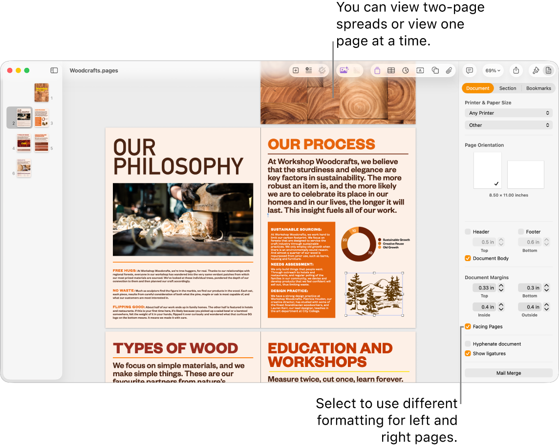 The Pages window with page thumbnails and document pages viewed as two-page spreads. In the Document sidebar on the right, the “Left and right pages are different” checkbox is unselected.