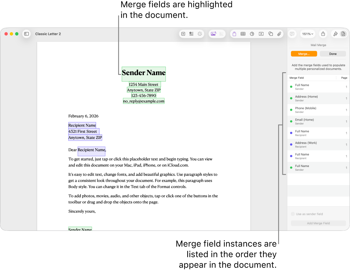 Pages document with recipient and sender merge fields, and the merge field instances list visible in the Document sidebar.