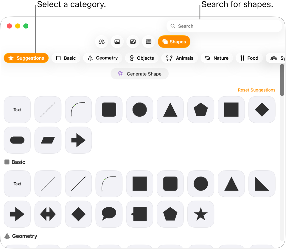 The shapes library, with categories listed on the left and shapes displayed on the right. You can use the search field at the top to find shapes and scroll to see more.