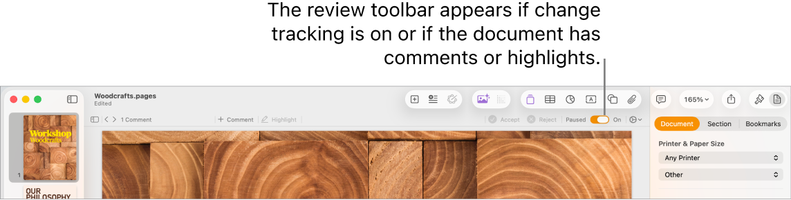 The Pages toolbar with change tracking turned on and the review toolbar below the Pages toolbar.