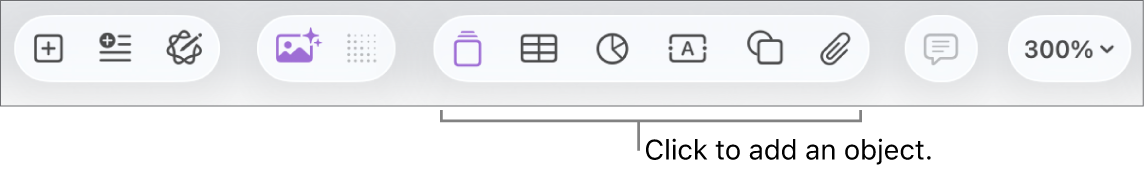 The toolbar with buttons for adding tables, charts, text, shapes, and media.