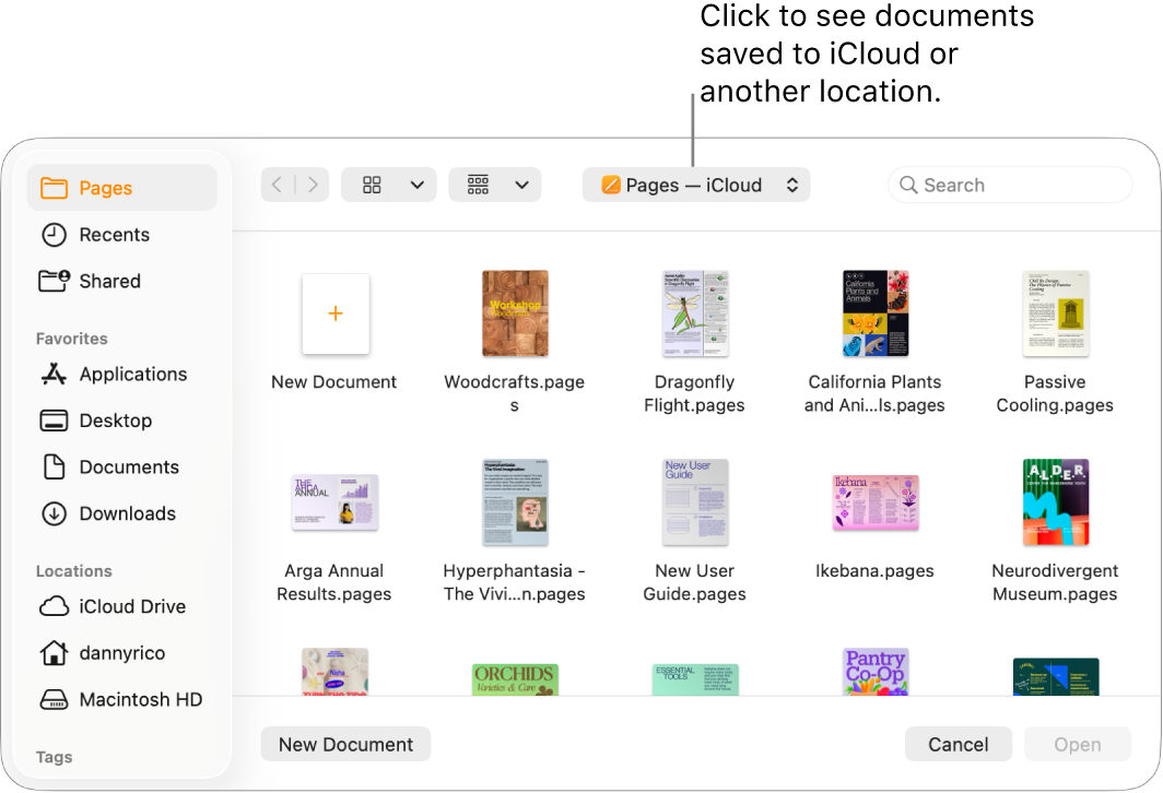 The Open dialog with the sidebar open on the left and iCloud Drive selected in the pop-up menu at the top. The Pages folder appears in the dialogue, along with a New Document button.