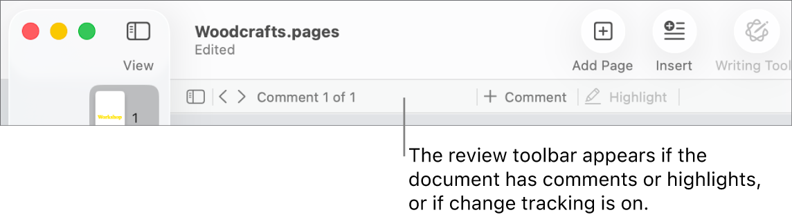 Pages toolbar at the top of the screen with buttons across the top for View, Zoom, Add Page, Insert, Table, Chart, Text, Shape, Media, and Comment. Below the Pages toolbar is the review toolbar with hide or show comments button, arrows to go to previous or next comment, total number of comments, and add comment or highlight buttons.