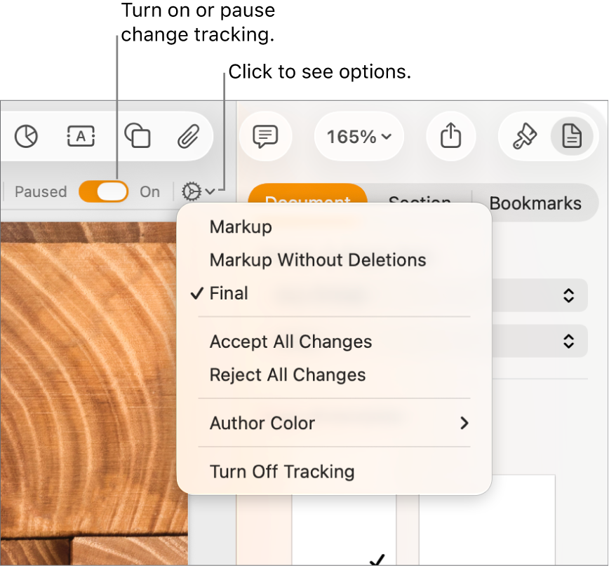 The tracking options menu showing Turn off Tracking at the bottom, and callouts to the Tracking On and Paused button.