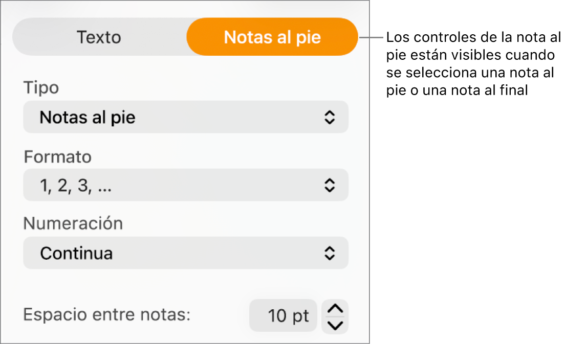 El panel Notas al pie con menús desplegables para Tipo, Formato, Numeración y espacio entre notas.