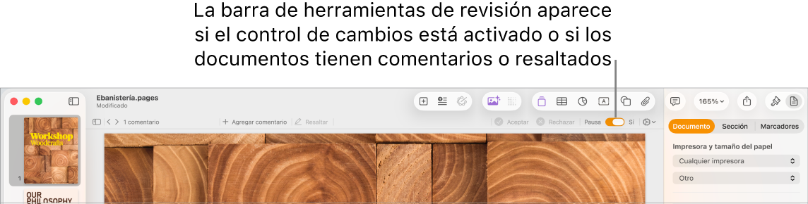 La barra de herramientas de Pages con el control de cambios activado y la barra de herramientas de revisión debajo de la barra de herramientas de Pages.