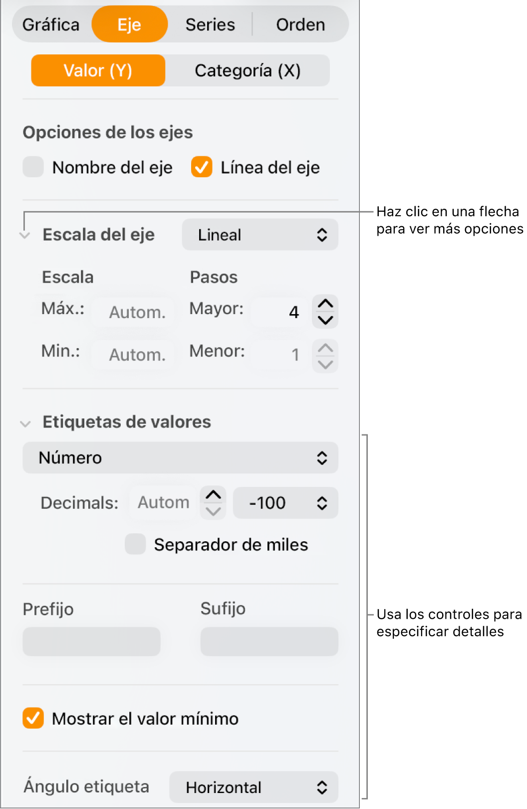 Controles para dar formato a las marcas de eje de una gráfica.