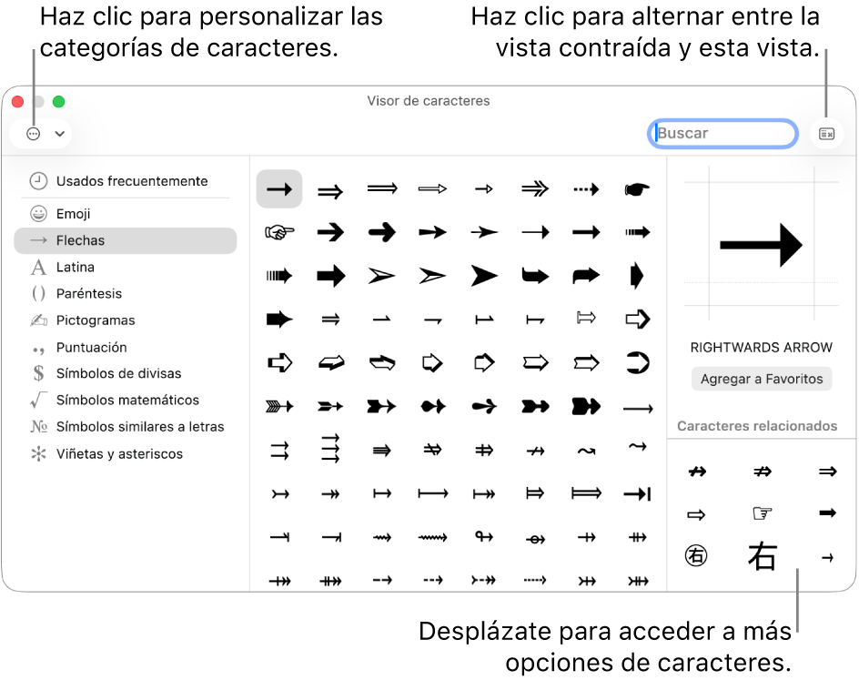 El visor de caracteres expandido muestra caracteres especiales y símbolos, un menú para diferentes categorías de símbolos a la izquierda, y un botón en la esquina superior derecha que te permite volver a la vista contraída.