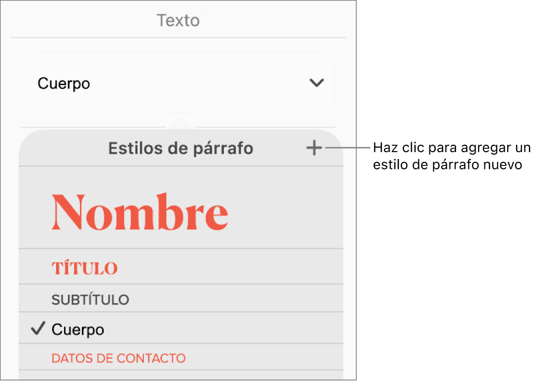 El menú Estilos de párrafo con un texto en el botón Nuevo estilo.