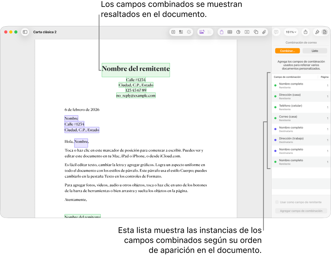 Documento de Pages con campos de combinación del remitente y del destinatario, y la lista de casos de campos de combinación visible en la barra lateral del documento.