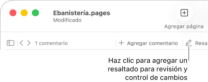 La barra de menús con el menú Insertar debajo, la barra de herramientas de Pages en la que se ven las herramientas de revisión y un mensaje en el botón Resaltado.