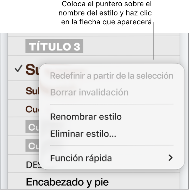 El menú de Estilos de párrafo con el menú de función rápida abierto.