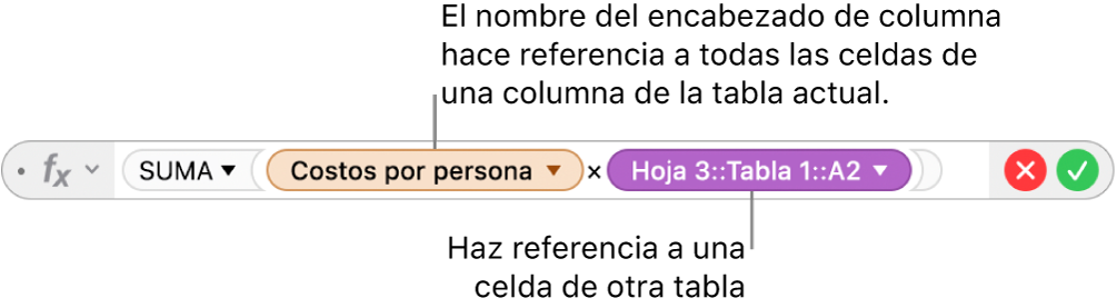 El editor de fórmulas con una fórmula que hace referencia a una columna de una tabla y una celda de otra tabla.
