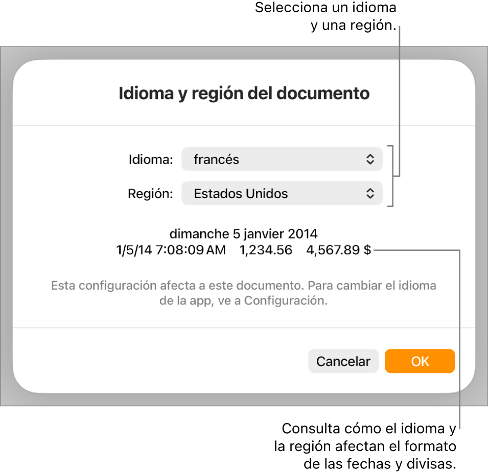 El panel Idioma y región con controles para el idioma y la región, y un ejemplo de formato que incluye una fecha, una hora, y formatos decimales y de moneda.