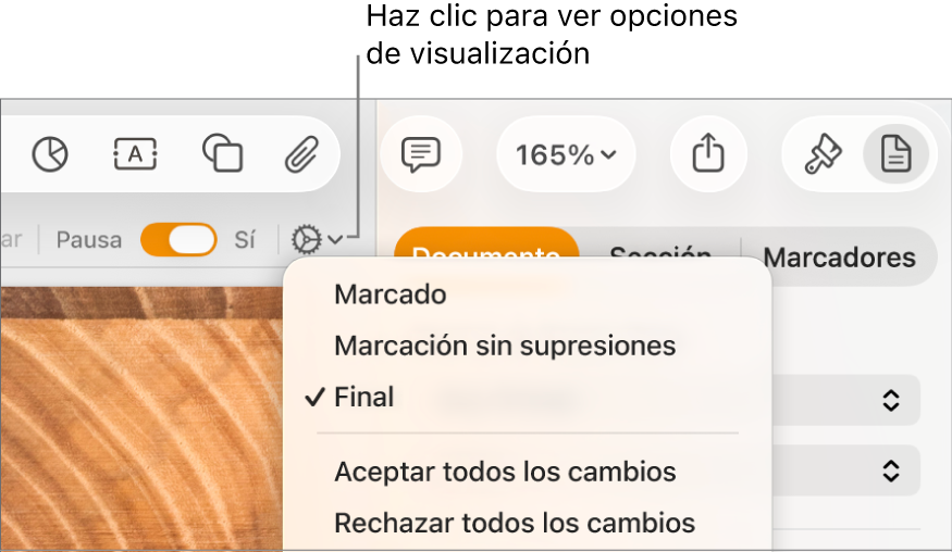 El menú de opciones de revisión con Marcación, Marcación sin supresiones, y Final.