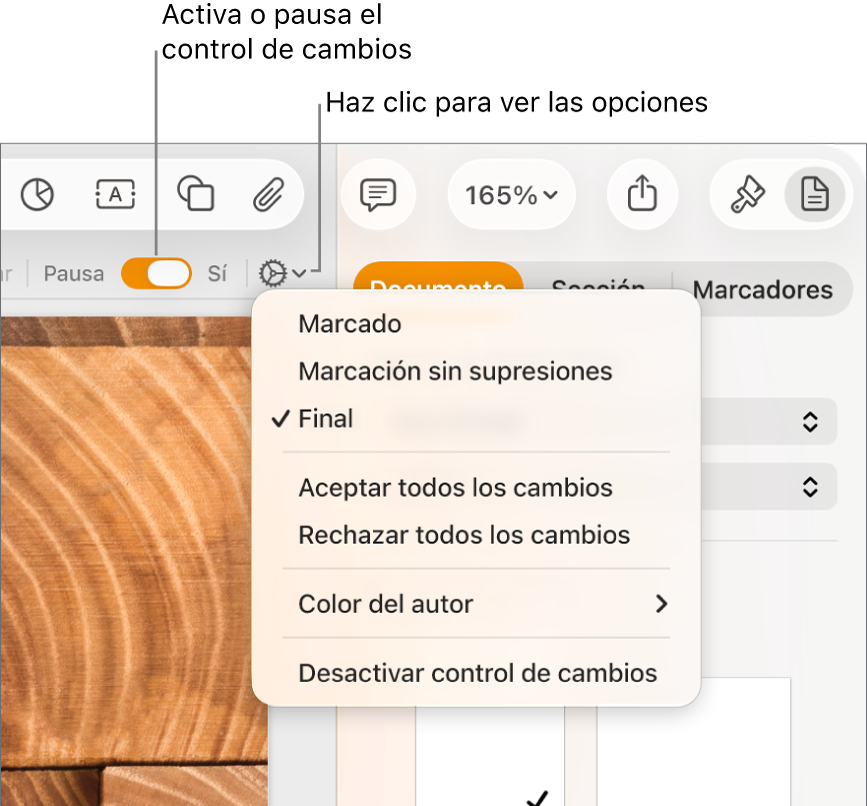 El menú de opciones de control de cambios con Desactivar control de cambios en la parte inferior y globos de mensaje en Control de cambios: Activado, y en En pausa.