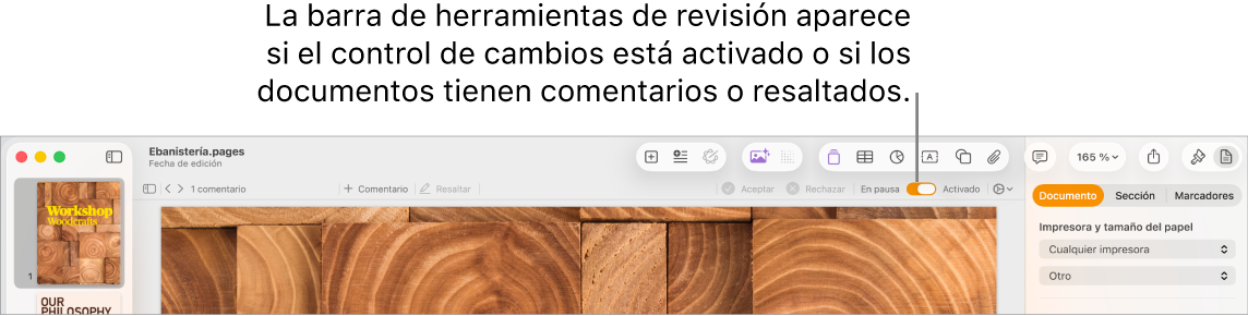 La barra de herramientas de Pages con el control de cambios activado y la barra de herramientas de revisión debajo de la barra de herramientas de Pages.
