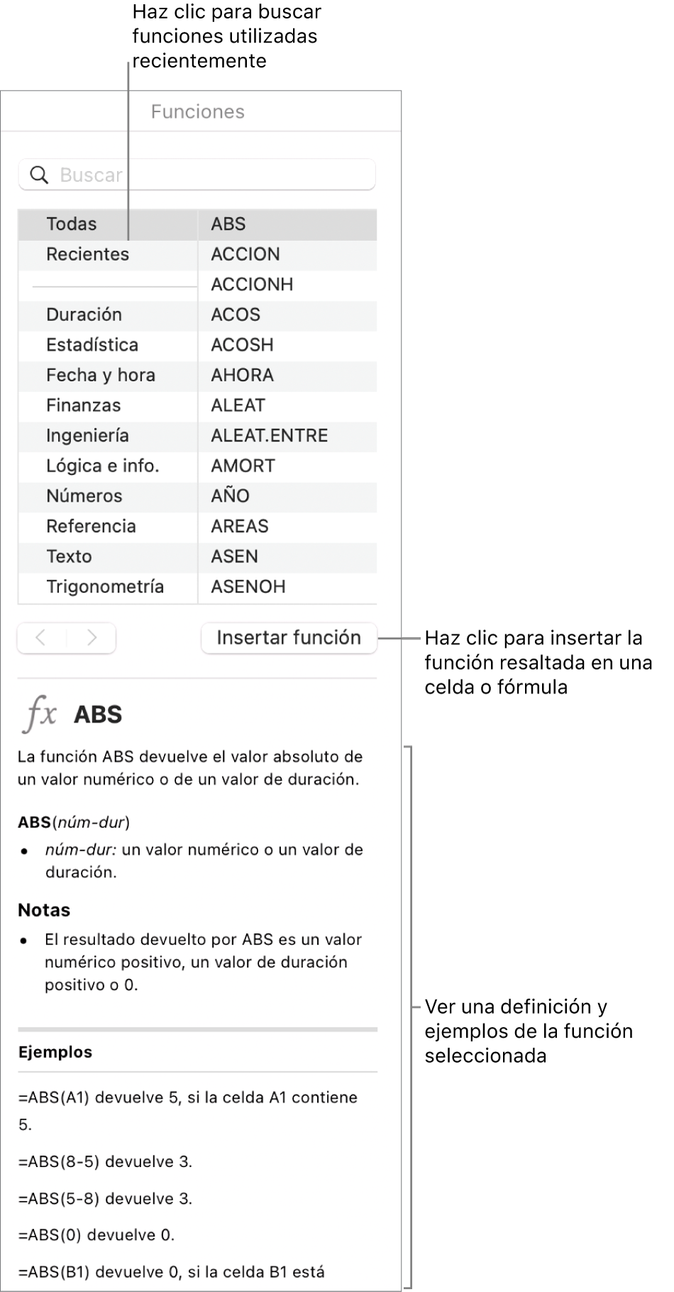 El explorador de funciones con llamadas a funciones utilizadas recientemente, el botón “Insertar función” y la definición de la función.
