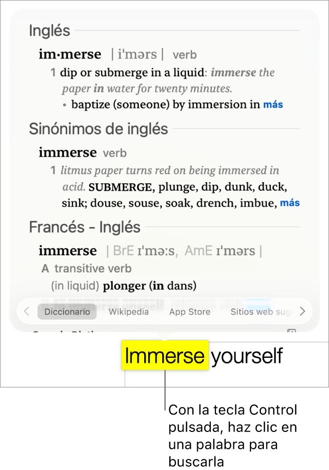 Un párrafo con una palabra resaltada y una ventana que muestra su definición y una entrada de diccionario de sinónimos. Botones en la parte inferior de la ventana proporcionan enlaces al diccionario, Wikipedia y los sitios web sugeridos por Siri.