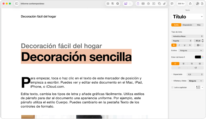 Un documento abierto con la barra lateral de formato abierta y la pestaña de texto seleccionada.