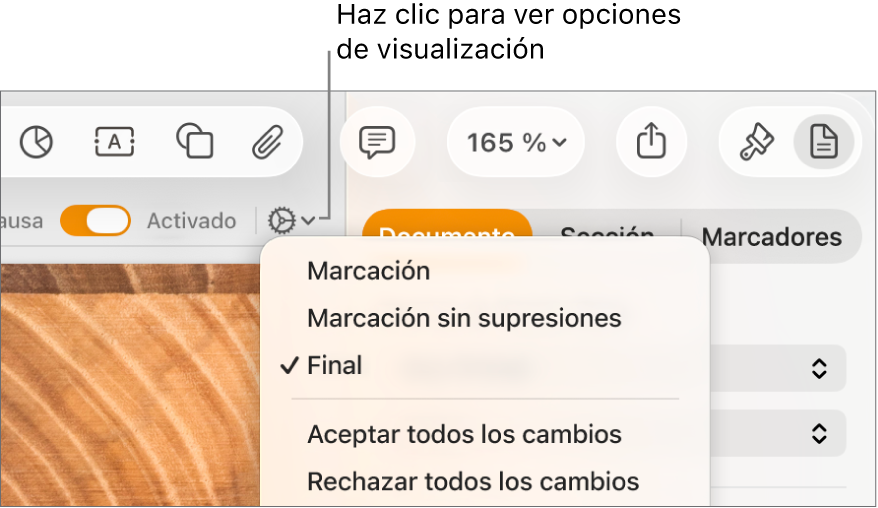 El menú de opciones de revisión con Marcación, “Marcación sin supresiones” y Final.