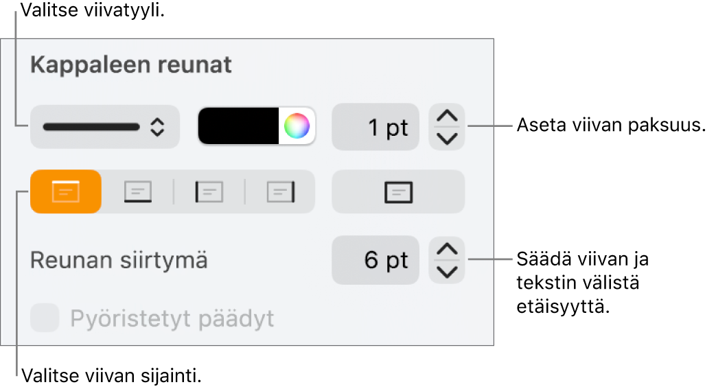 Säätimiä viivan tyylin, paksuuden, sijainnin ja värin muuttamiseen.