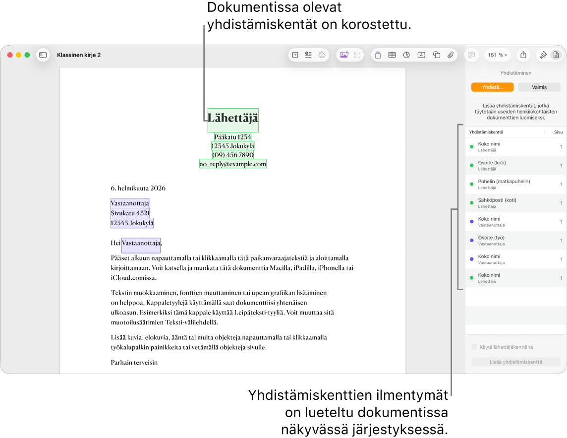 Pages-dokumentti, jossa on vastaanottaja- ja lähettäjäkentät sekä yhdistämiskentän ilmentymäluettelo näkyvillä Dokumentti-sivupalkissa.