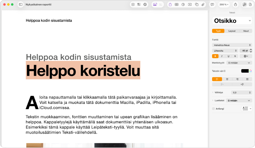 Avoin dokumentti, jossa on muotosivupalkki avattuna ja tekstivälilehti valittuna.
