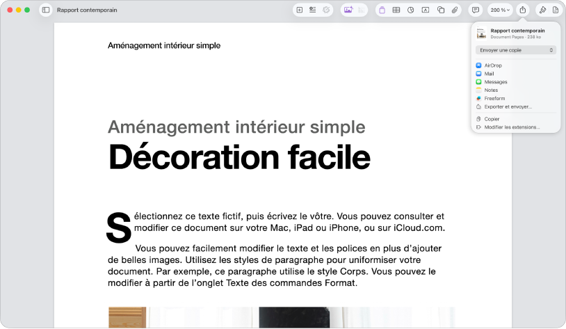 Document ouvert avec le menu Partager ouvert.