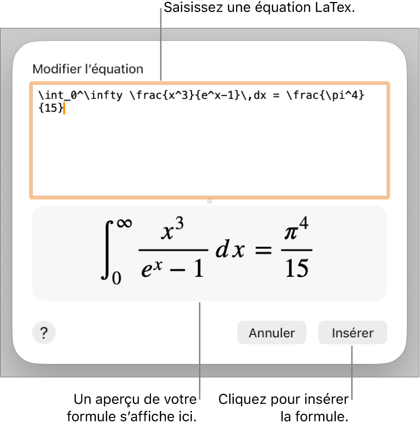 Formule quadratique composée à l’aide du langage LaTeX dans le champ Équation et aperçu de la formule en bas.