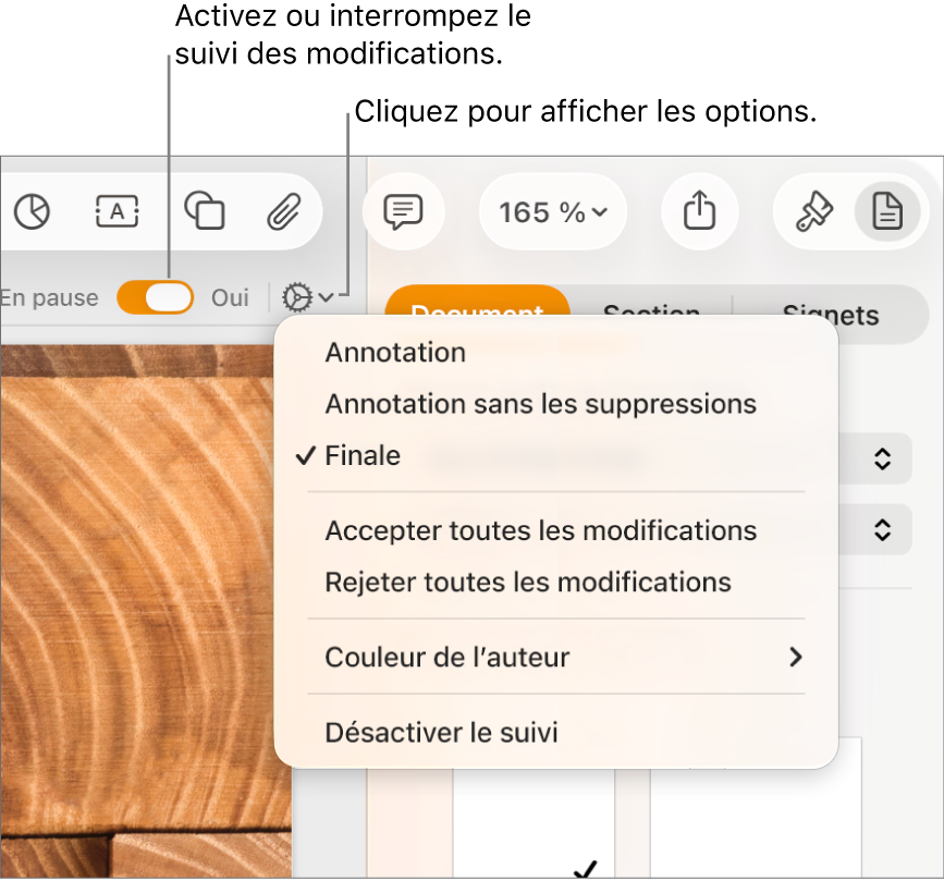 Le menu des options de suivi, avec l’option Désactiver le suivi en bas, ainsi que des légendes traitant des boutons de suivi Activé et En pause.