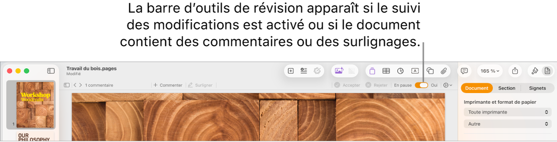 La barre d’outils de Pages avec le suivi des modifications activé et la barre d’outils de révision en dessous.