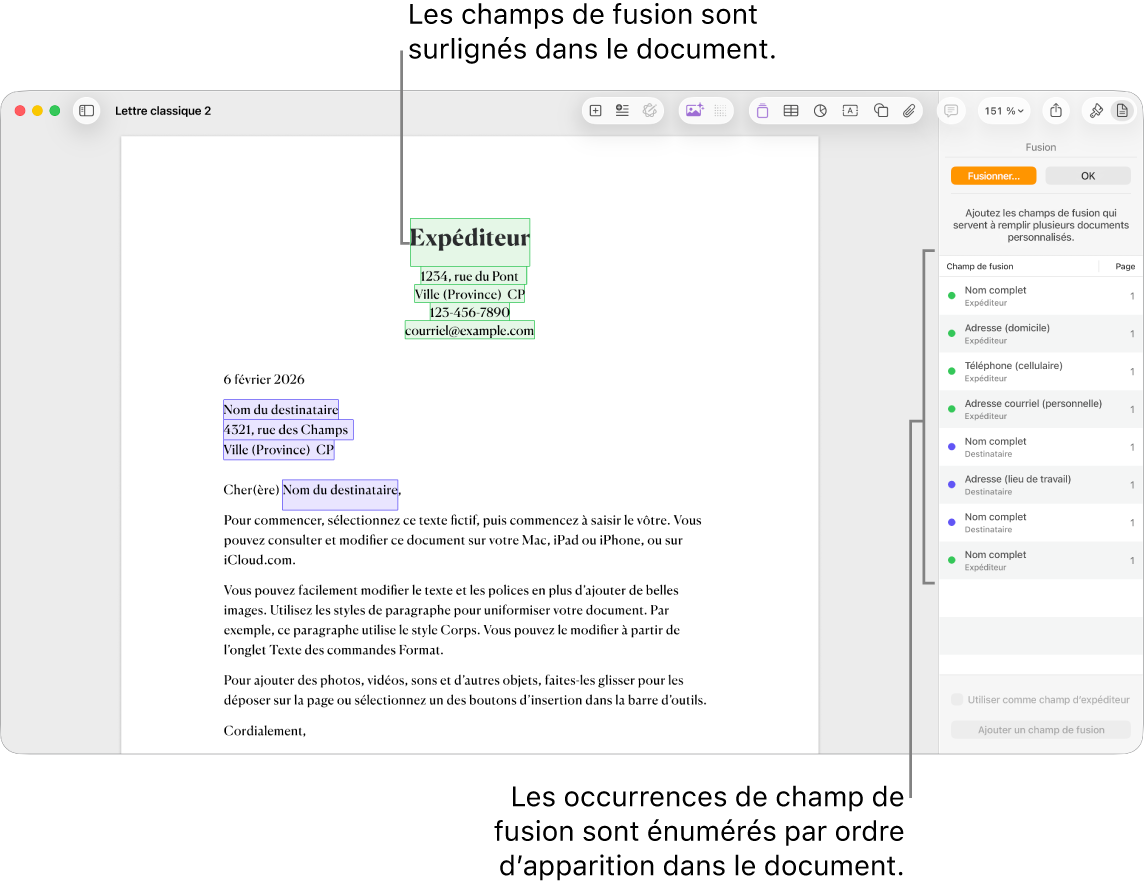 Document Pages avec champs de fusion de destinataire et d’expéditeur, et la liste des instances de champs de fusion visible dans la barre latérale Document.