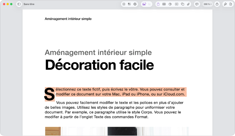 Dans un document ouvert où le texte fictif du modèle est sélectionné.