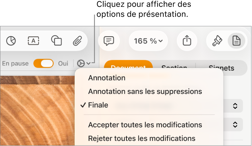 Le menu des options de révision, avec les options Marquage, Marquage sans afficher les suppr. et Version finale.