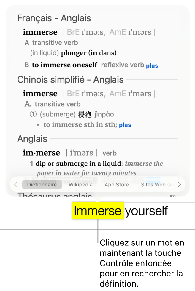 Un paragraphe avec un mot surligné et une fenêtre contenant sa définition et des synonymes. Les boutons en bas de la fenêtre fournissent des liens vers le dictionnaire, Wikipédia et les sites Web suggérés par Siri.