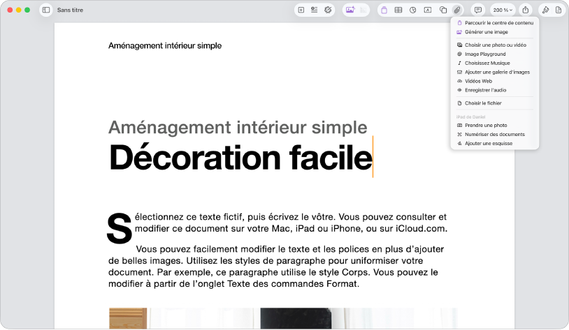 Document ouvert avec le menu Ajouter un contenu multimédia ouvert.