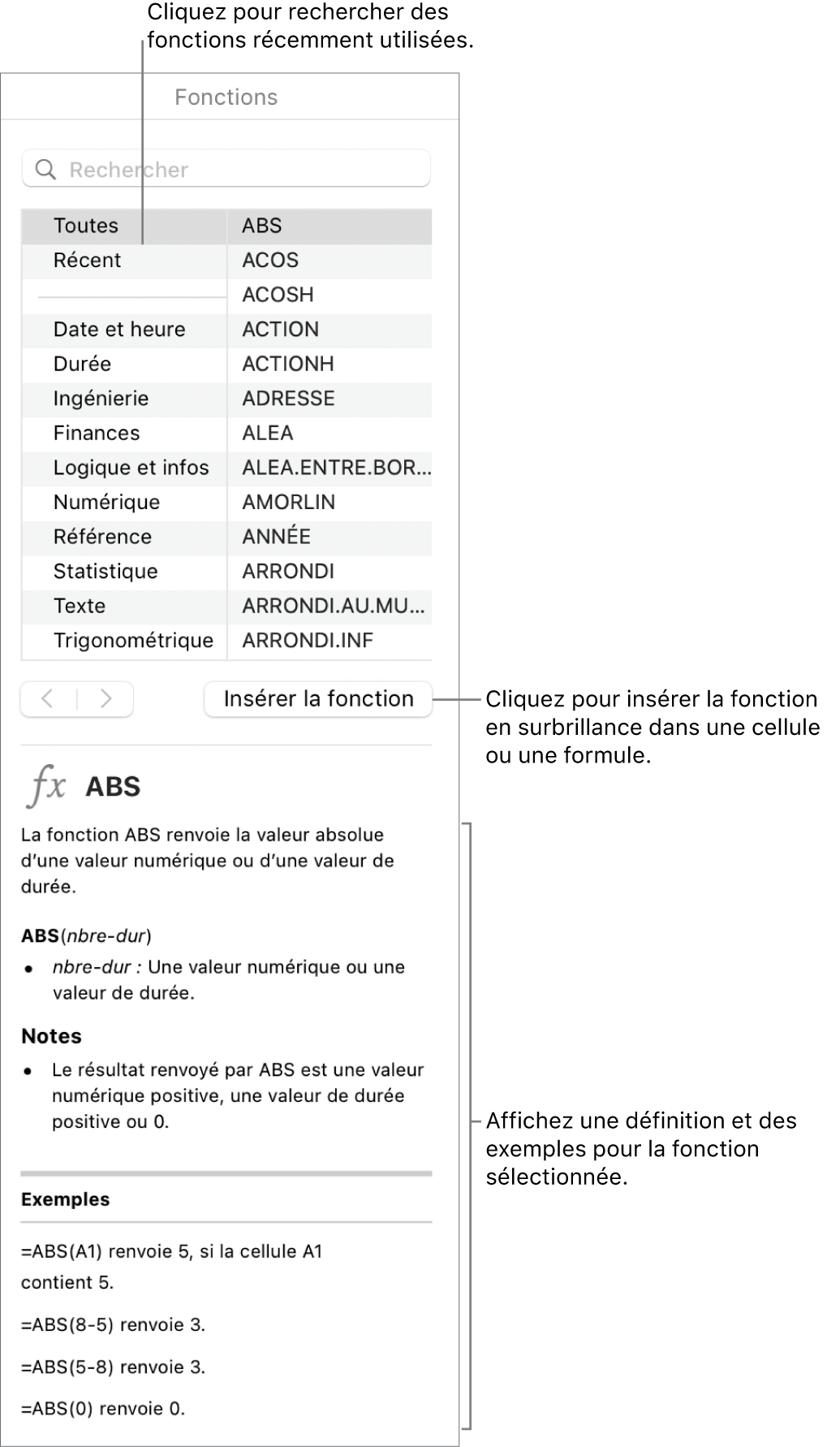 Navigateur de fonctions avec des légendes pour les fonctions récemment utilisées, le bouton Insérer la fonction et la définition de la fonction.