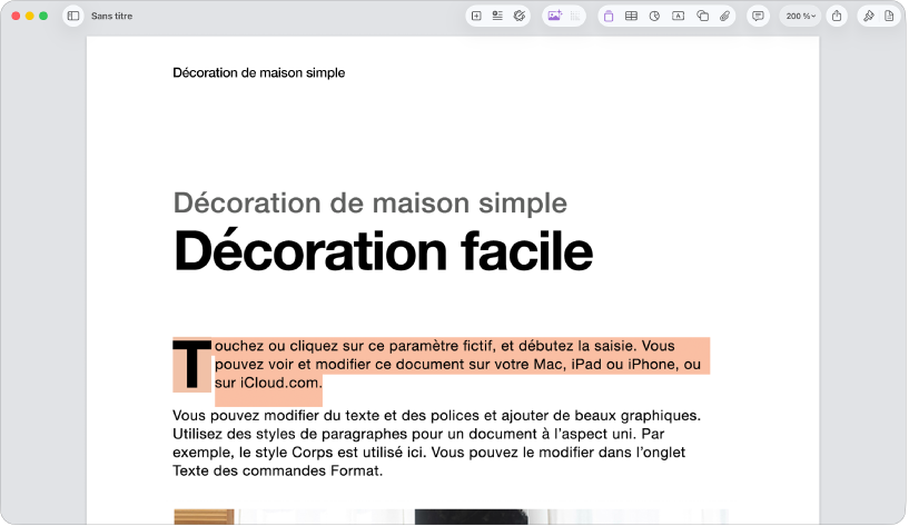 Dans un document ouvert avec du texte de paramètre fictif de modèle sélectionné.