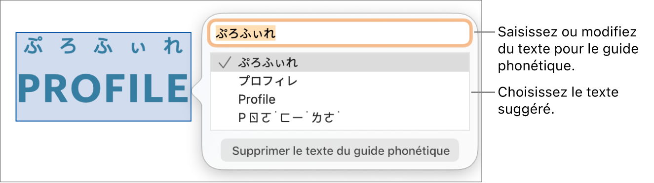 Le guide phonétique ouvert pour un mot, accompagné de légendes traitant du champ de texte et du texte suggéré.
