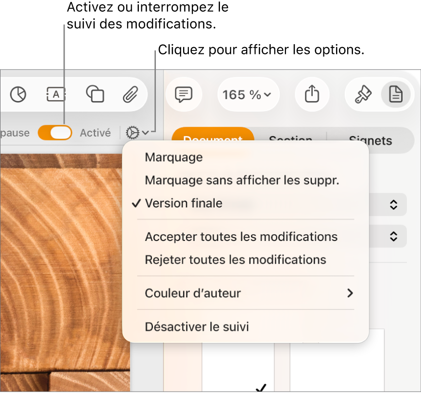 Le menu des options de suivi, avec l’option Désactiver le suivi en bas, ainsi que des légendes traitant des boutons de suivi Activé et En pause.