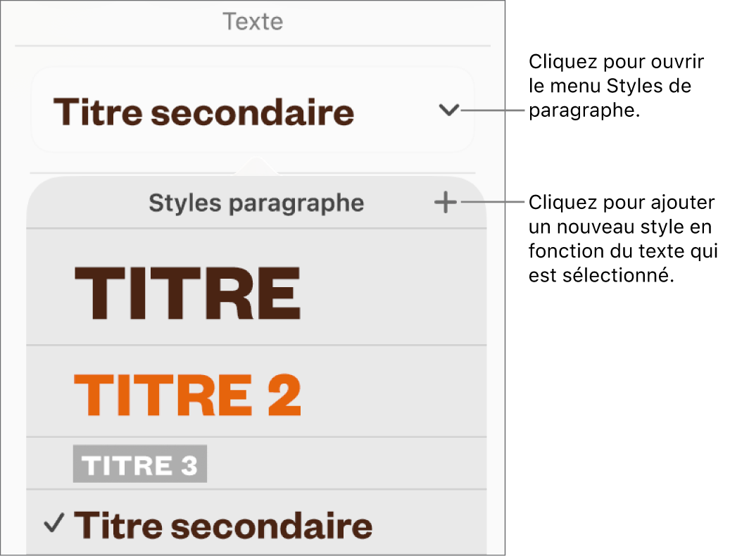 Le menu « Styles de paragraphe », affichant des commandes pour ajouter ou modifier un style.