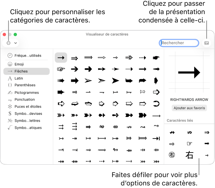 Le visualiseur de caractères développé affichant des caractères spéciaux et des symboles, le menu des différentes catégories de symboles sur la gauche, ainsi qu’un bouton dans le coin supérieur droit permettant de revenir à la présentation condensée.