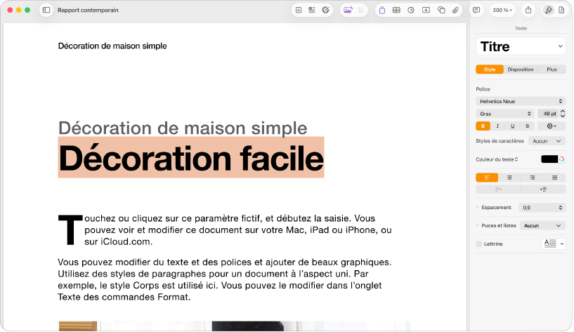 Un document ouvert avec la barre latérale Format ouverte et l’onglet Texte sélectionné.