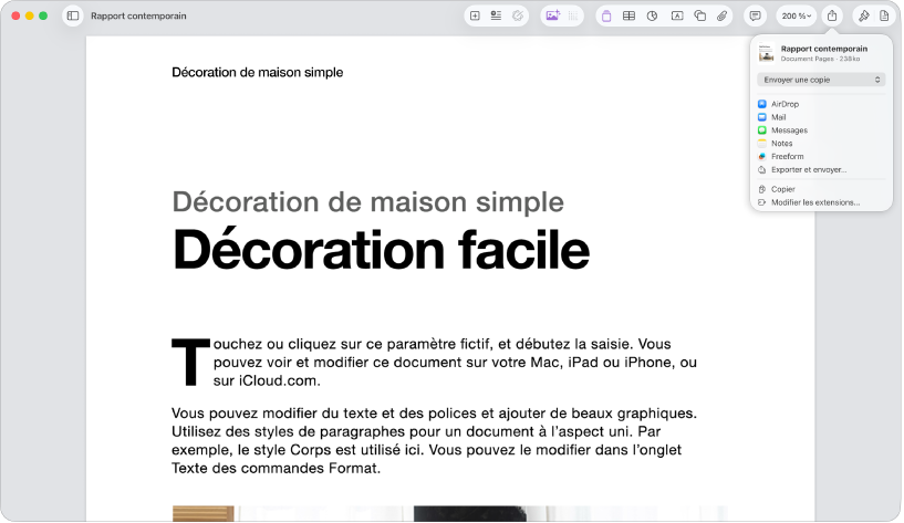 Un document ouvert avec le menu Partager ouvert.