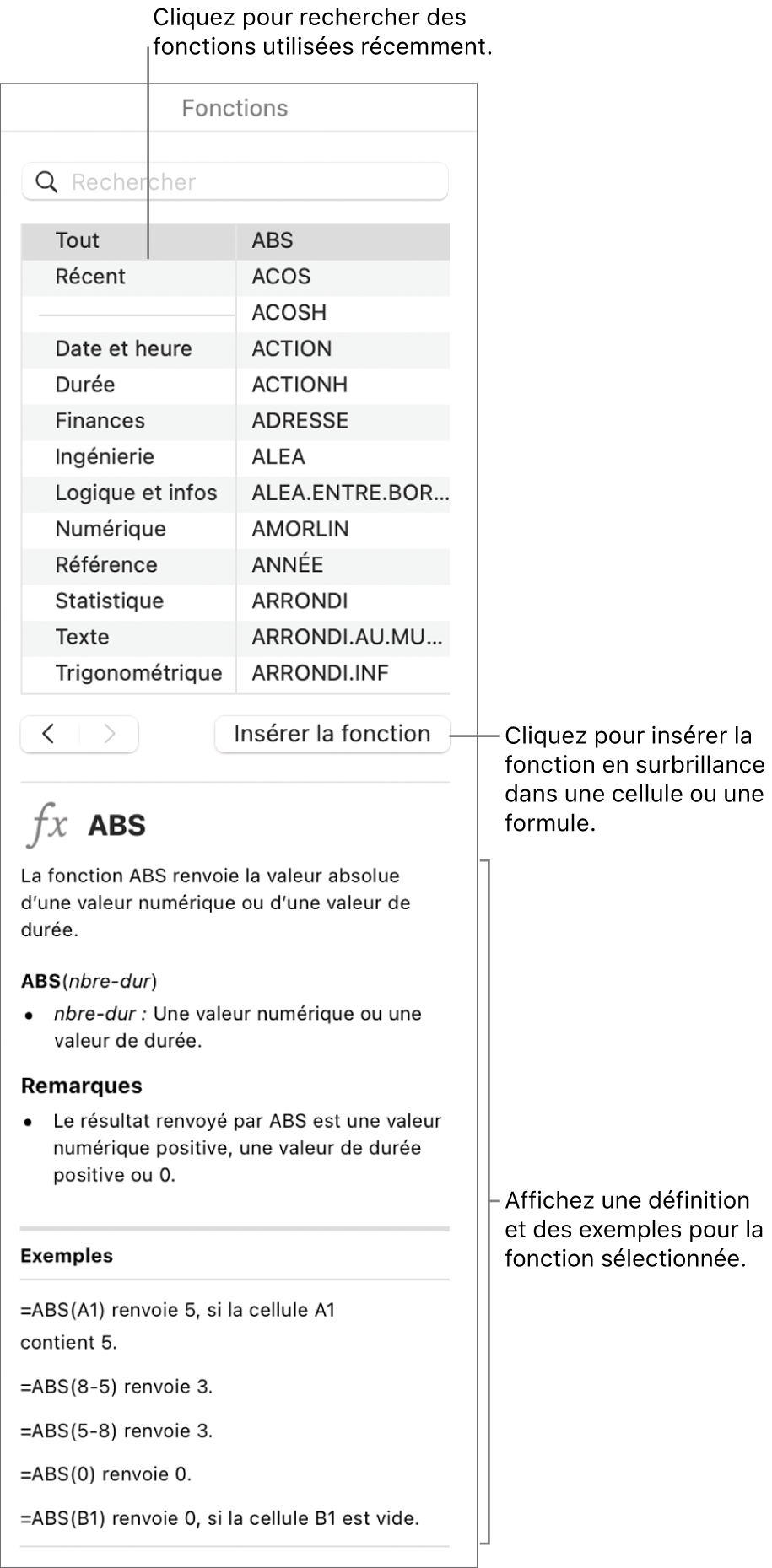 Navigateur de fonctions avec des légendes pour les fonctions récemment utilisées, le bouton Insérer la fonction et la définition de la fonction.