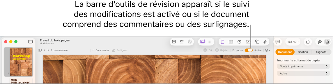 La barre d’outils de Pages avec le suivi des modifications activé et la barre d’outils de révision en dessous.