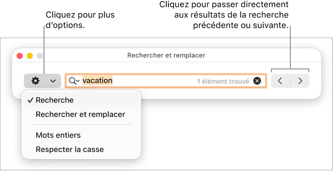 La fenêtre Rechercher et remplacer avec le menu local présentant les options Rechercher, Rechercher et remplacer, Mots entiers et Respecter la casse. Les flèches à droite permettent d’accéder directement aux résultats de recherche suivants ou précédents.